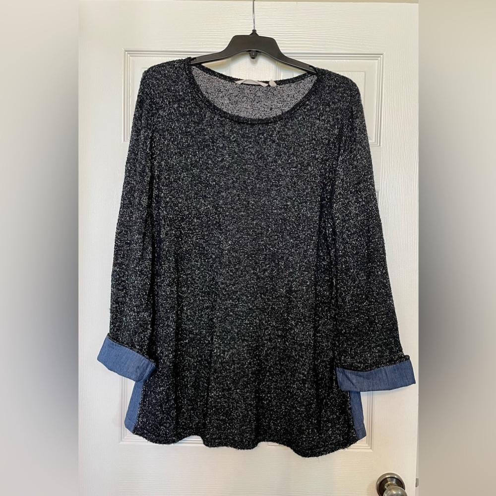 Women’s Soft Surroundings Black Sweater with Chambray Cuffs and Sides, Size 2X